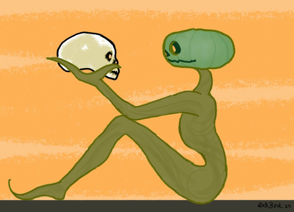 Drawing of a jack o' lantern figure holding a human skull.