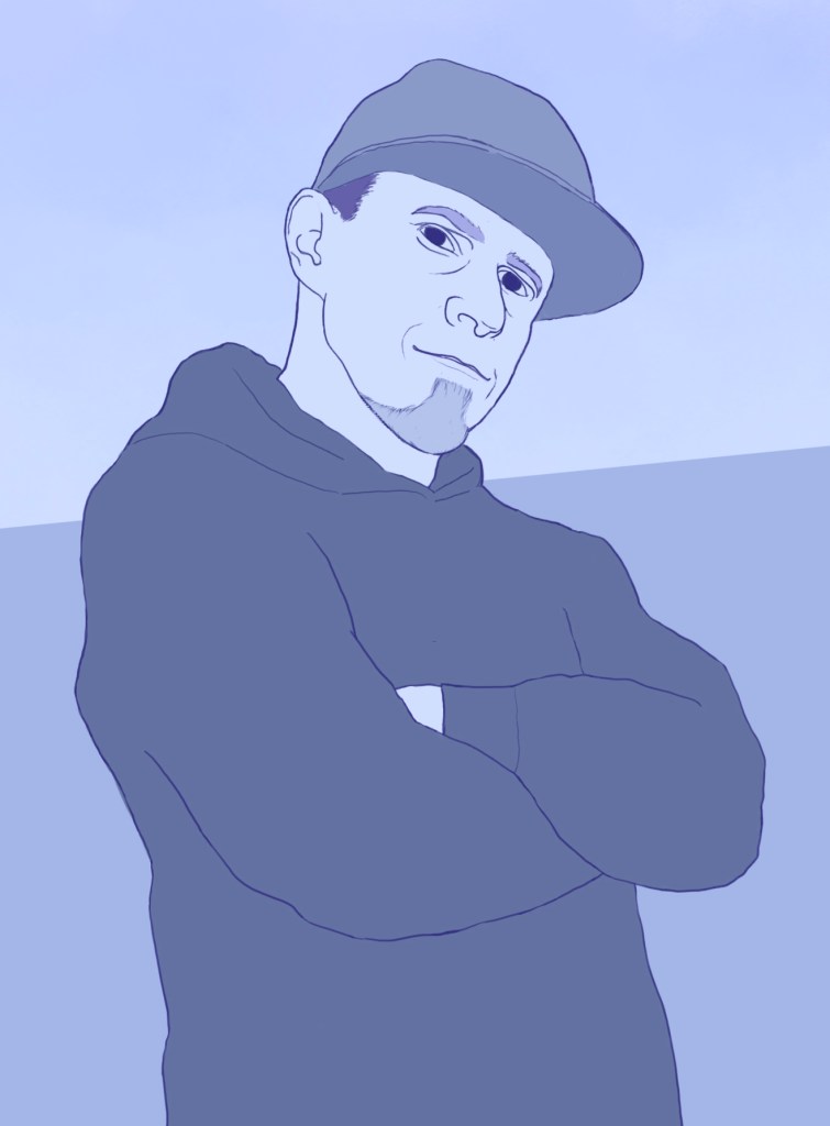 Half-length illustration of a person wearing a baseball cap and a hoodie.
