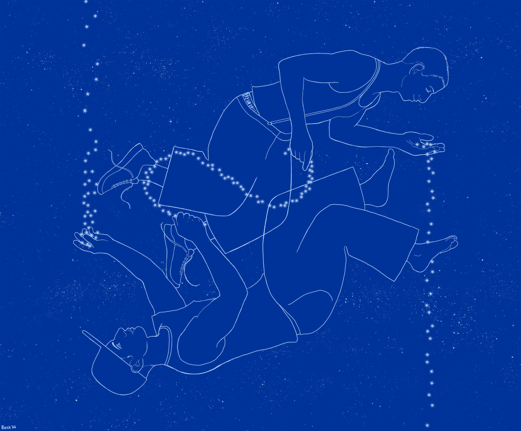 Line drawing of two figured, head to hold, holding a cord of stars against a night sky.