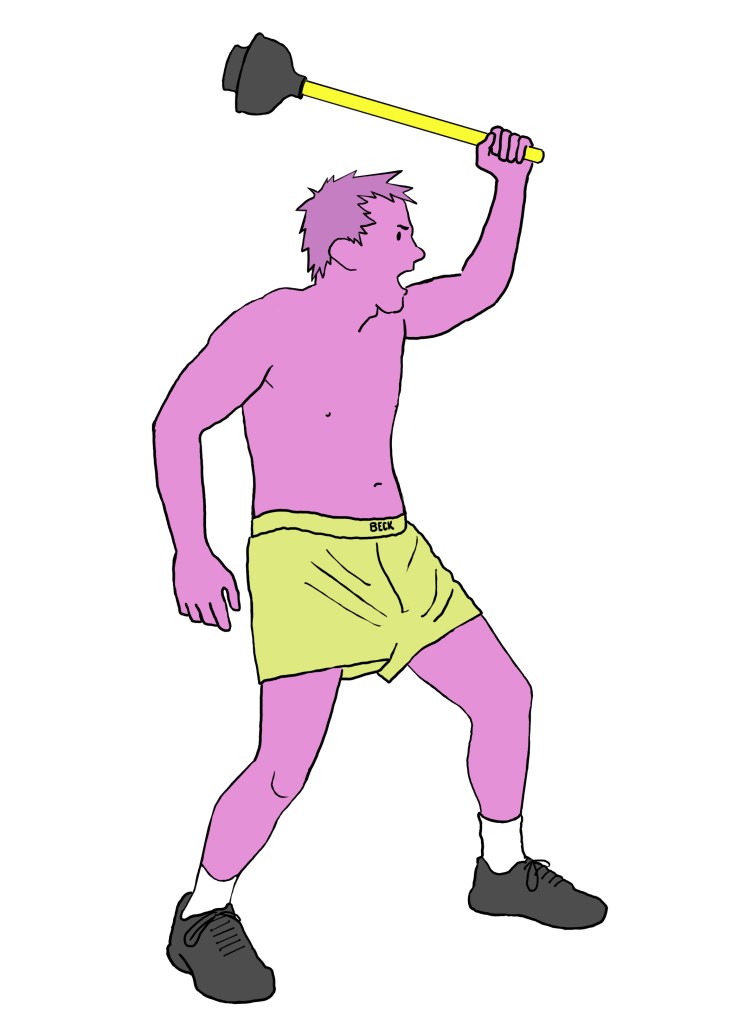 Angry cartoon man in boxer shorts waving a toilet plunger.