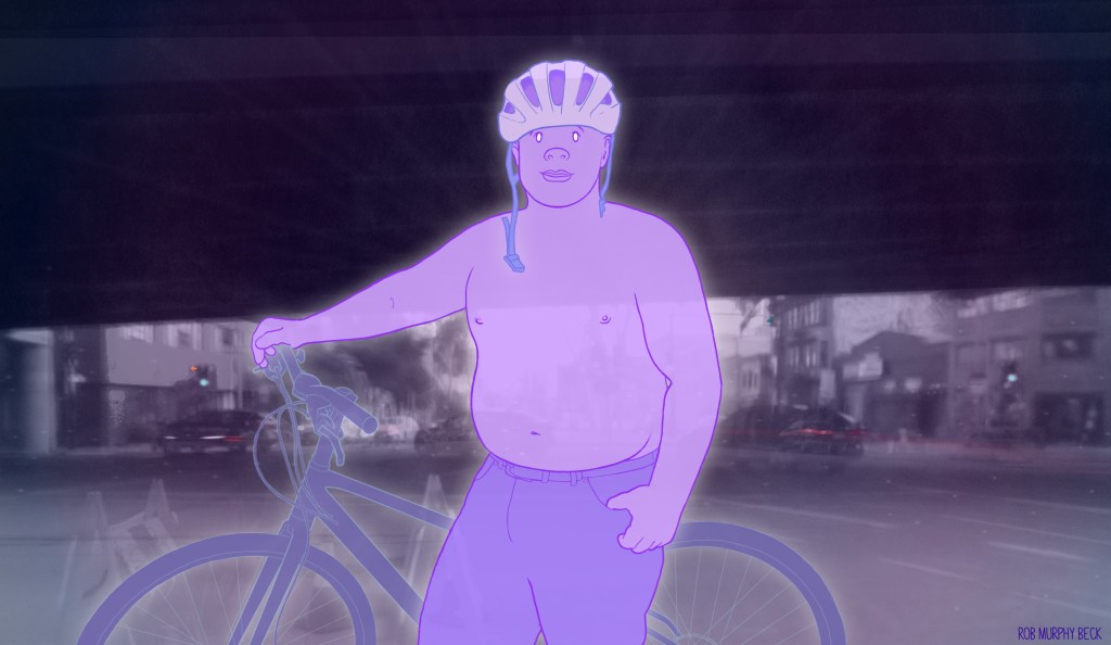 Otherworldly person with bicycle standing under an overpass.